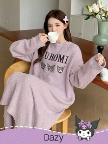 DAZY HELLO KITTY AND FRIENDS | SHEIN 女士宽松抓绒蓬松睡衣睡袍，饰有字母和卡通刺绣图案，冬季款 - 紫色 - 查看 4