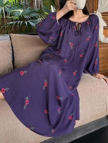 DAZY Floral Print Drawstring Waist Loose Long Women Nightgown, Fall Pajama, Winter, Moo Moo Night Dress - Purple - View 3