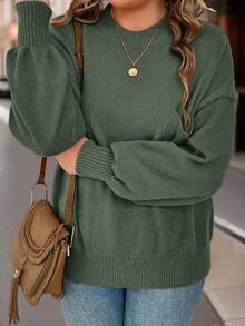 SHEIN LUNE Plus Size Solid Color Lantern Sleeve Sweater, Casual For Autumn/Winter - Green - View 5