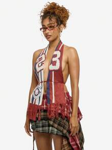 SUMWON WOMEN Knitted Football Scarf Halter Neck Top With Fringe Detail Team Spirit Crop Tank - Multicolor - View 6