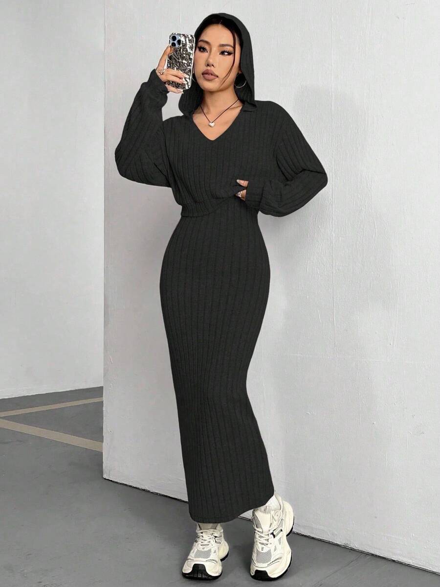 Flirla Solid Color V-Neck Ribbed Knit Long Sleeve Top And Skirt Set - Black - View 1