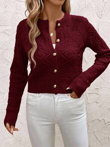 SHEIN Clasi 女士休闲单排扣镂空针织短款开衫，秋季 - 紫紅色 - 查看 5