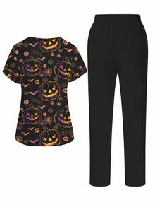 PopScrub 万圣节霓虹渐变南瓜和蜘蛛网卡通全身印花 V 领短袖上衣，女士休闲护理制服衬衫和裤子套装 - 彩色 - 查看 2