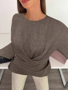 Siren Gaze Women's Solid Color Round Neck Drop Shoulder Long Sleeve Casual Crossover Shirt Winter Brown Spring - Coffee Brown - View 6