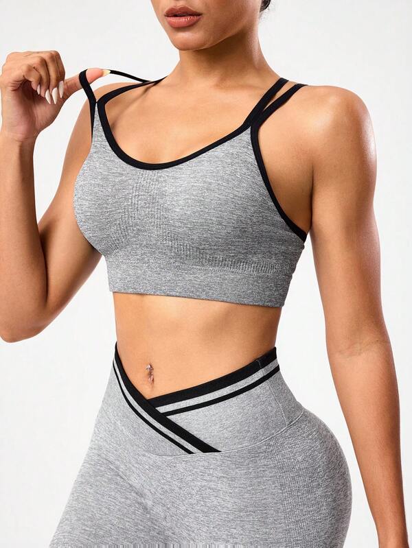 Seamluxe SHEIN Sport Seamless Yoga Sports Bra With Criss-Cross Straps Yoga Bra Top Grey Sports Bra Grey Workout Set Criss Cross Sports Bra Yoga Set Bra Top