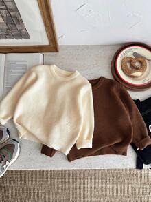 SHEIN 2 件套年轻男孩休闲宽松圆领长袖毛衣套装，适合居家、上学、旅行、滑雪、送礼，适合秋冬季