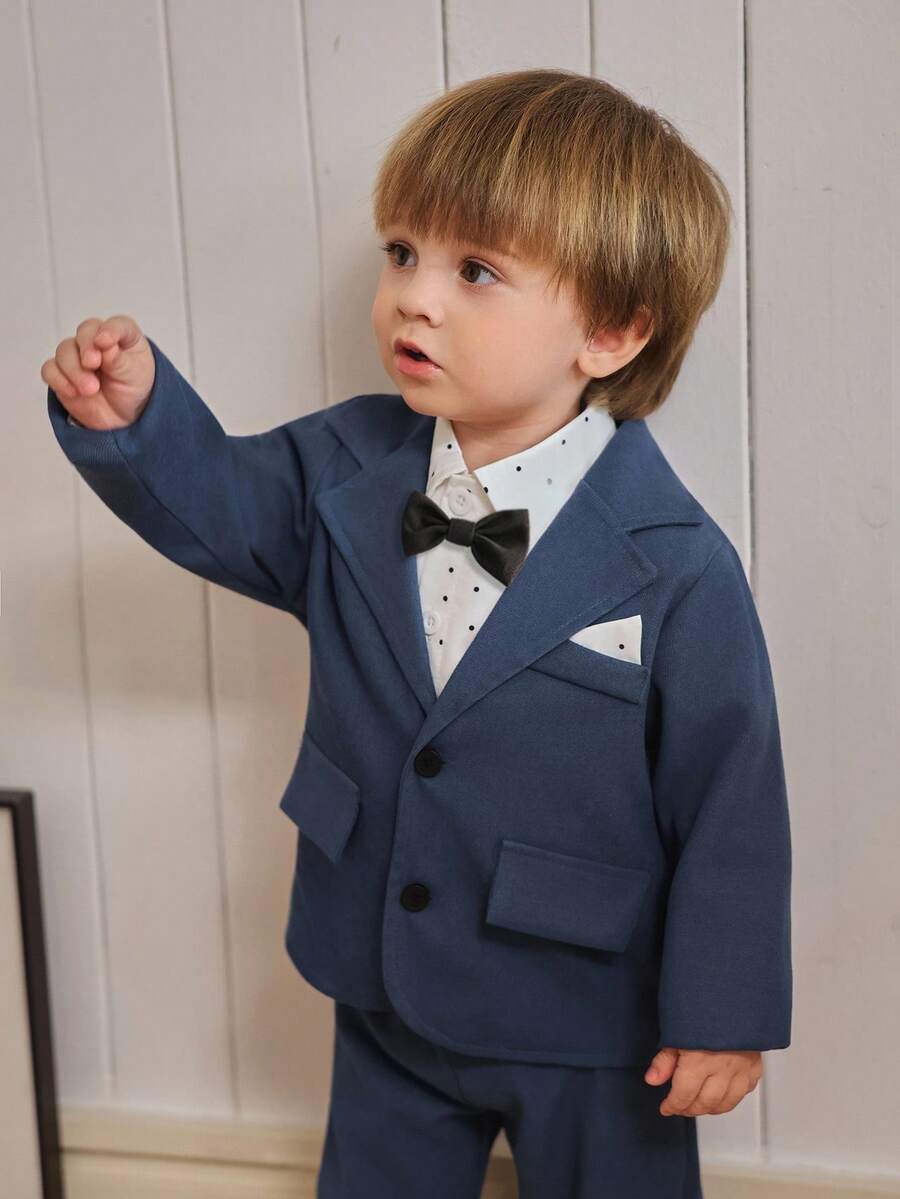 Souflis Souflis French Retro Baby Boy 2-Piece Set, White Polka Dot Long Sleeve Shirt With Bow Tie, Paired With Hazy Blue Suit, Stylish And Versatile For Birthday, Party, And Various Occasions Fall Winter