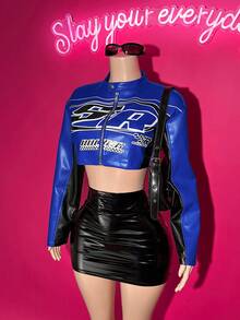 Slaydiva 2025 Winter New Style, Christmas, New Year, Birthday Party, Party, Banquet, Preppy Style, Student Wear, Everyday Outing, Basic Versatile, Casual, Cruise Travel, Internet Celebrity Hot Style, Street Style, Elegant, Commuter, Business Casual, Small Stand-Up Collar Long Sleeve, Zipper, Dark Blue And Black, Black And White English Print, Winter Jacket, Christmas Jacket, New Year Jacket, Women's Jacket