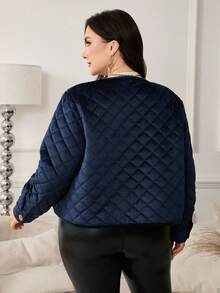 SHEIN Clasi Plus Size Elegant Solid Color Diamond Patterned Cropped Jacket,Women's Winter Coat,Keep Warm,,Work Wear,Office Attire,Business Professional - Navy Blue - View 2