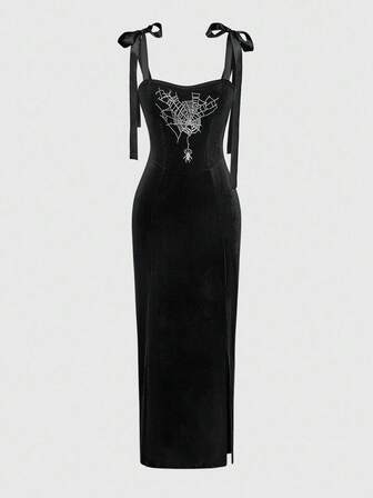 Gothic Palace Spider Embroidery Rhinestone Square Neck Black Lace-Up Backless Split Dress For Women, Halloween