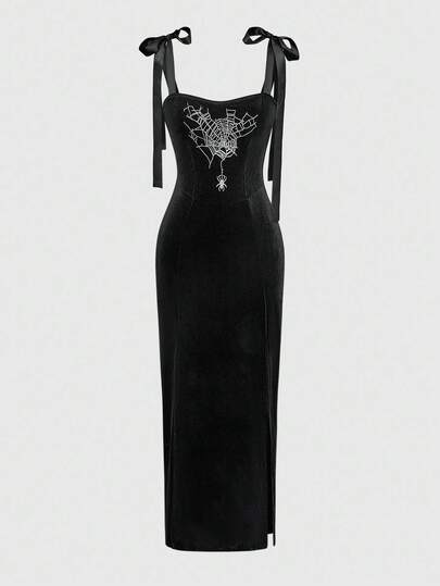 Goth Abito gotico da donna con scollo quadrato, ricamo di ragno, strass, allacciatura sul retro e spacco, adatto per Ognissanti