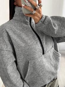 SHEIN Unity 长袖拉链口袋上衣 - 休闲纯色服装 - 淺灰色 - 查看 1