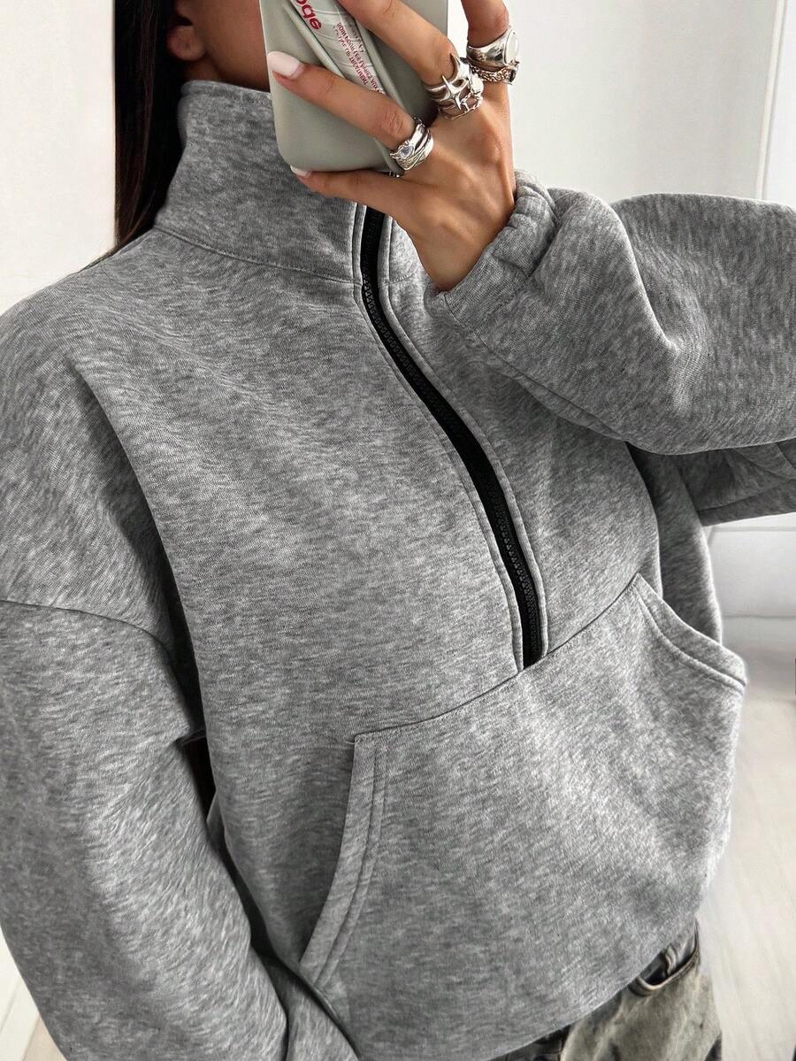 SHEIN Unity 长袖拉链口袋上衣 - 休闲纯色服装 - 淺灰色 - 查看 1