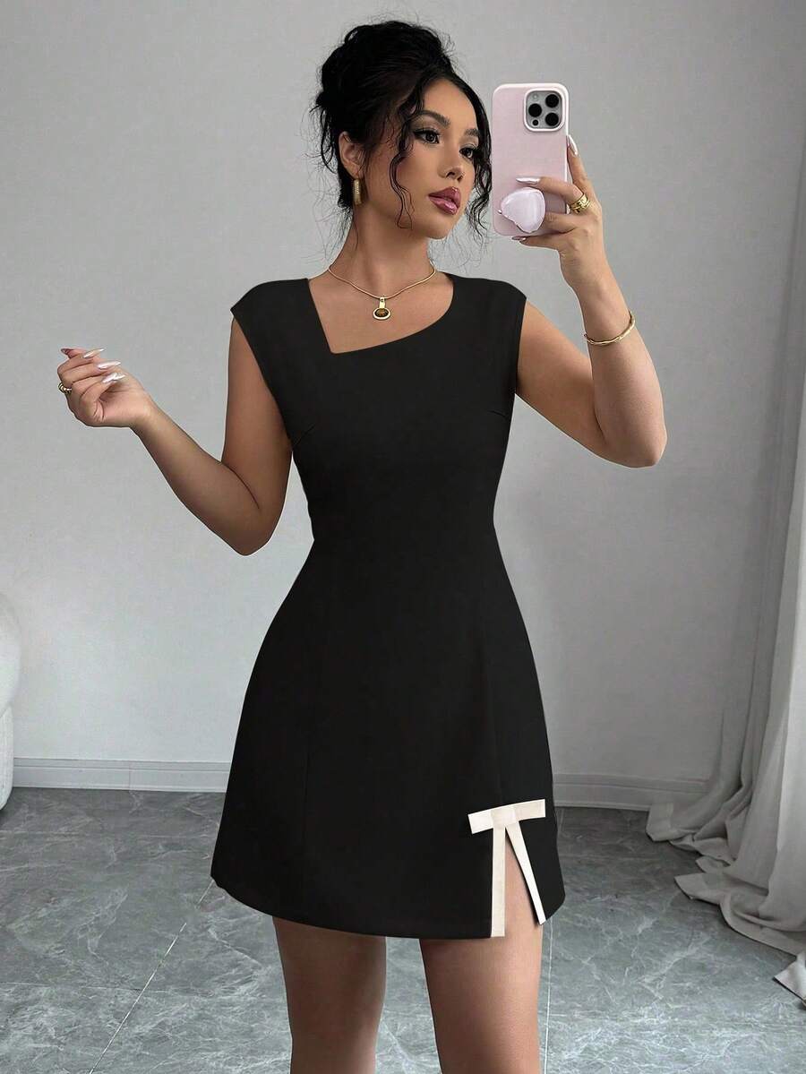 Rafferiza Boat Neck Color Block Patchwork Open Slit Bowknot Dress Fall Cloth For Women - Black - View 1