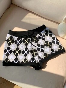Comfortcana 女士秋季抽绳腰骷髅头和心形图案休闲宽松针织短裤万圣节 - 黑與白 - 查看 4