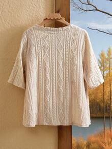 Rusticease Plus Size Women Textured Geometric Pattern 3/4 Sleeve Casual Jacket,Summer Outfits For Women,Vacation Outfits  For Women,Holiday Outfits Boho,Autumn,Fall Women's Clothes,Fall Clothes - Apricot - View 2