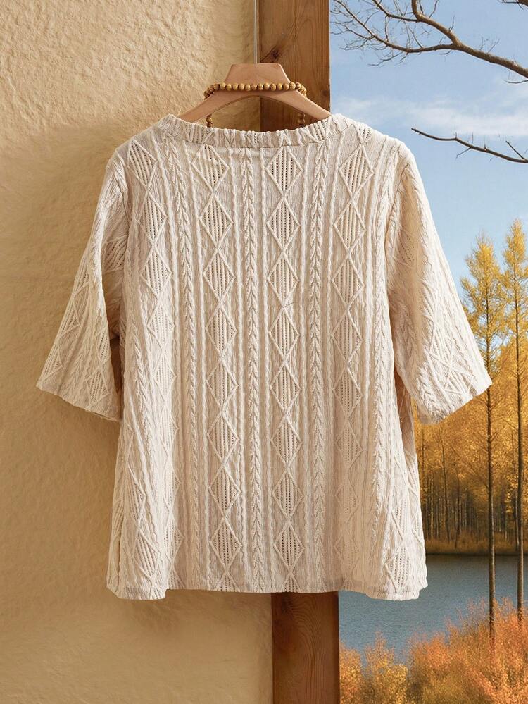 Plus Size Women Textured Geometric Pattern 3/4 Sleeve Casual Jacket,Summer,Vacation,Holiday Boho,Autumn,Fall