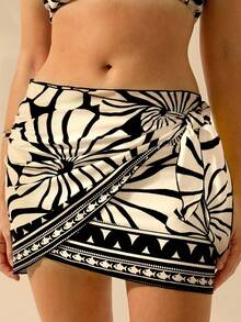 CAJUNI Women's Boho Shell Print Holiday Casual Summer Beach Swimming Wrap Short Swimsuit Skirt Smock, Sarong