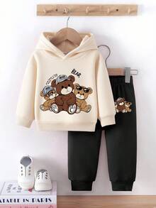 2pcs Baby Boy Outfit, Bear & Letter Print Hooded Fleece Sweatshirt And Fleece Sweatpants Set, Suitable For Outings In Autumn/Winter