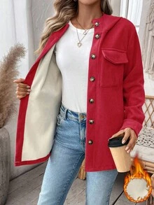 EMERY ROSE Áo khoác nữ màu đỏ có mũ, tay dài, dáng suông, chất liệu nhung kẻ, có túi, giữ ấm tốt cho mùa thu và mùa đông. - Đỏ - Xem 1