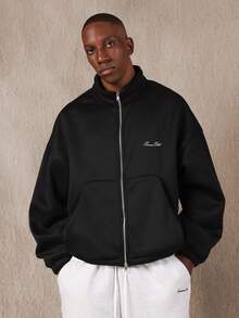 SUMWON Vintage Style Track Jacket Casual Streetwear Zip Up Outerwear Lightweight Fall Winter Plush Boxy Cut Ribbed Collar Everyday Jacket With Side Pockets - Black - View 7