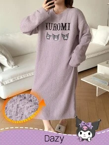 DAZY HELLO KITTY AND FRIENDS | SHEIN 女士宽松抓绒蓬松睡衣睡袍，饰有字母和卡通刺绣图案，冬季款 - 紫色 - 查看 3