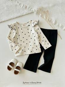 2 件套女婴心形图案针织柔软圆领长袖套头衫和松紧腰裤套装 - 彩色 - 查看 3