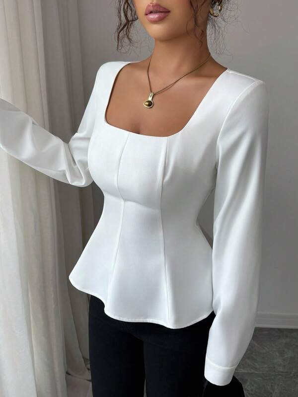 Elenzga Camisa de mujer con cuello cuadrado y trapezoidal, cintura con múltiples costuras, manga larga con puños, elegante para oficina/viajes/casual de negocios, estilo callejero vintage, simple y versátil, adecuada para otoño/invierno, Halloween, Navidad, Acción de Gracias, merienda, vuelta al cole