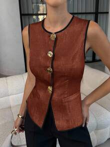 Lavishia Women's Sleeveless Vest With Metal Button Closure, Suitable For Commuting - Coffee Brown - View 4
