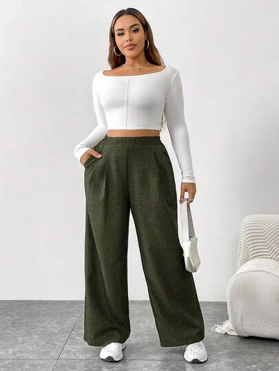 SHEIN Essnce Plus Size Women's Autumn And Winter Fashion Casual Loose Daily Comfortable Retro Gray Elastic Waist Wide Leg Pants,Women Bottom,Work Pants,Fall,Old Money,Vintage Pants,Curve Pants Casual Outfit For Women Mother's Day