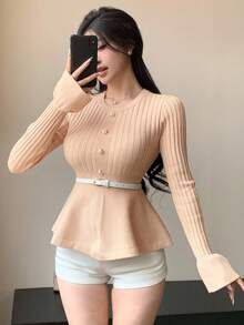 DAZY Women's Casual Ruffle Hem Splice Fitted Pullover Sweater, Solid Color Metal Button Decor, Suitable For Wedding, Party, Autumn/Winter