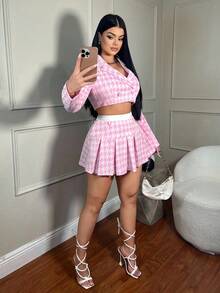 SHEIN SXY Women's Button Front Long Sleeve Houndstooth Print Blouse And Pleated Skirt Suit Set Casual Sexy Autumn Winter Casual Elegant Sexy Party New Year Christmas Halloween - Multicolor - View 5