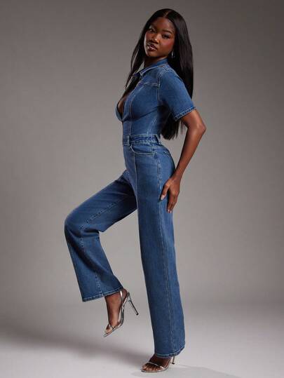 NYA SZN Denim Short Sleeve Jumpsuit Fitted Constrast Stitch Everyday Casual Teacher Concert Festival Business Casual Cotton Summer Statement Festival Kings Day Outfits For Women