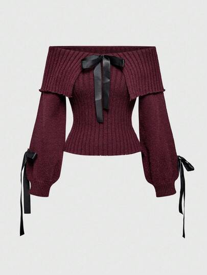 Kawaii Gentle & Cute Bowknot Decor Ribbon Puff Sleeve Off Shoulder Women Sweater, Suitable For Halloween, Christmas, New Year, Valentine's Day, Multi-Occasion, Christmas Holiday Edition