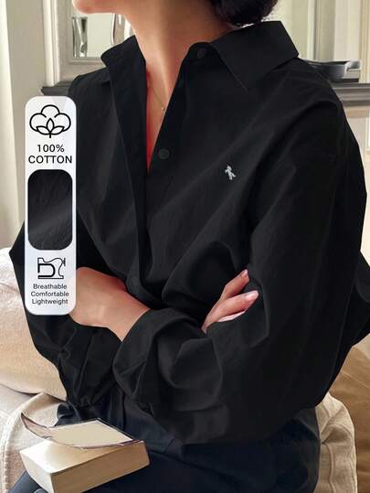 DAZY Women's Casual Everyday Commute Versatile Unicorn Print Long Sleeve Black Shirt, Spring/Autumn