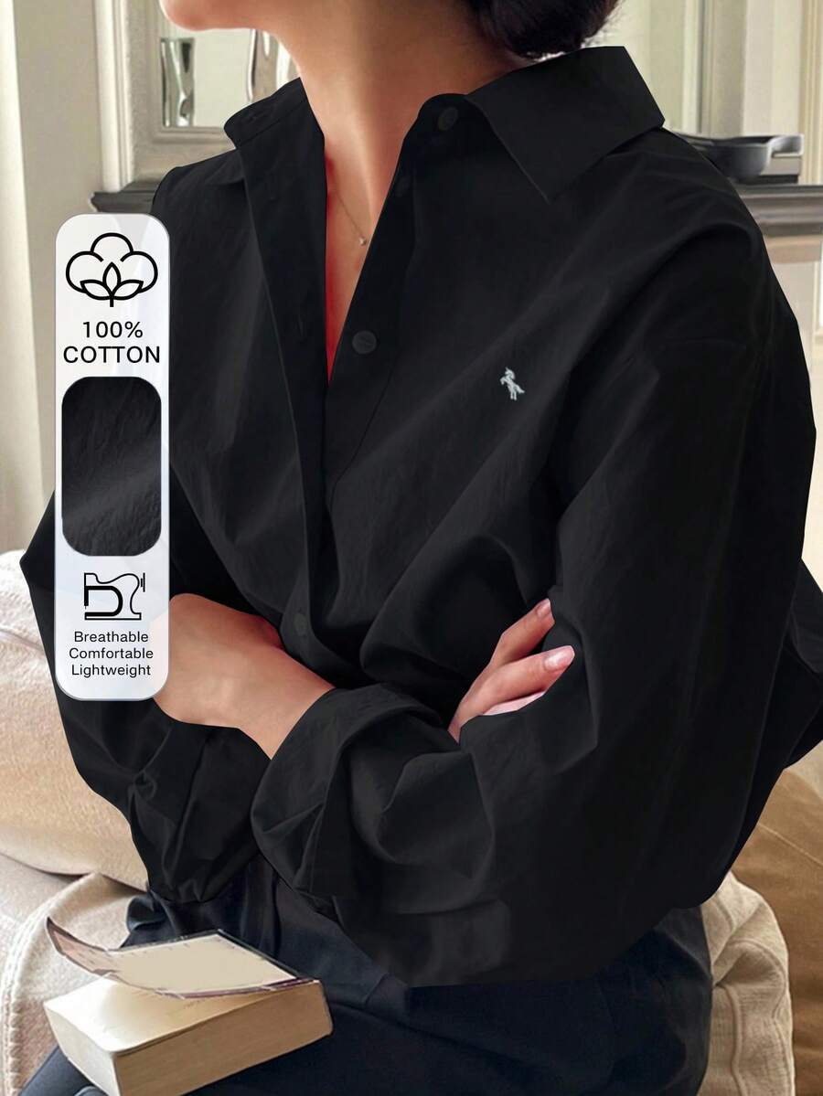 DAZY 女士休闲日常通勤百搭独角兽印花长袖黑色衬衫，春秋季 - 黑色 - 查看 1