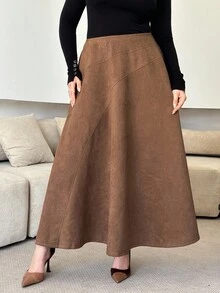 Modelyn Plus Size Minimalist Solid Color Suede A-Line Skirt, Suitable For Spring And Autumn - Brown - View 4