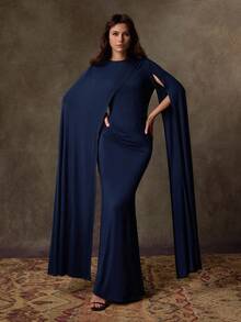 Lilora Elegantes Dolman-Ärmel Bodycon Kleid für Frauen, Herbstmode für Frauen, elegant und würdevoll, elegantes blaues Kleid mit Cape, geeignet für Büroarbeit, Veranstaltungen, Alltag, Urlaub - marineblau - Übersicht 3