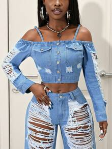 SHEIN PETITE 女士露肩长袖做旧牛仔短外套 - 藍色 - 查看 5