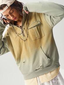 Bohemela Sudadera con media cremallera, cuello alto, manga larga, bolsillo, efecto desgastado y degradado en estilo BOHO casual para mujer, otoño/invierno - Verde - Ver 2