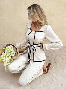 SHEIN Frenchy 2pcs Women Set: Long Sleeve Knotted Waist Top And Loose Pants Winter Casual - Apricot - View 5