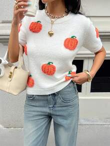 Chiquease 万圣节南瓜图案圆领短袖女式针织上衣 - 白色 - 查看 1