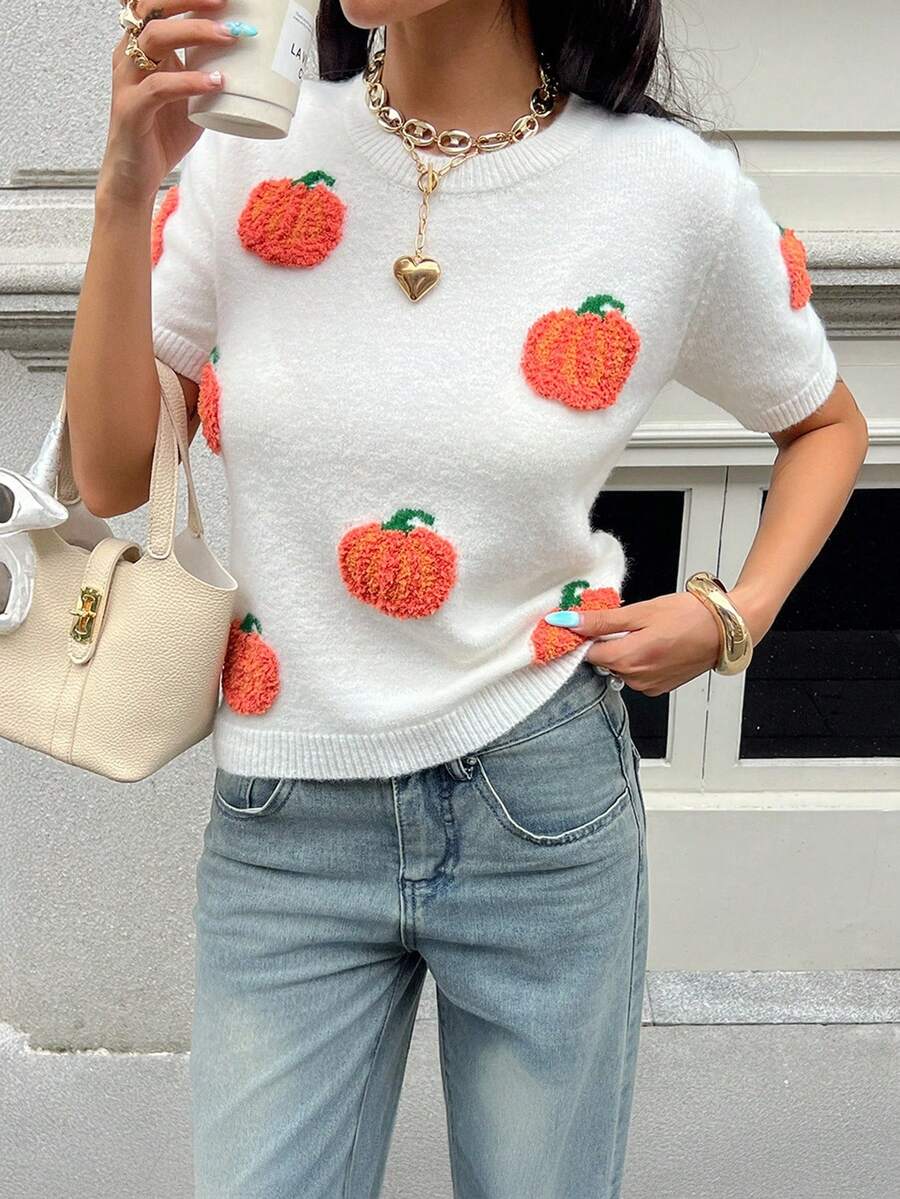 Chiquease 万圣节南瓜图案圆领短袖女式针织上衣 - 白色 - 查看 1