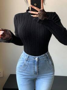 DAZY Women's Lace Trim Mock Neck Fitted Sweater, Stylish Layering Top For Autumn/Winter