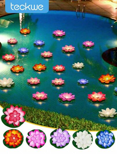 Teckwe 6pcs LED Floating Waterproof Lotus & Water Lily Flower Lights For Pool Decoration, Color Changing Night Lamp, Can Be Used For Wish, River Or Swimming Pool Decor