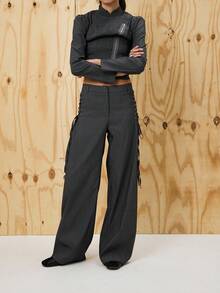 COUREZ Lattice Detail Overized Fit Tailored Trousers /Y2K Going Out Outfits Wide Leg Pants Fall Clothes For Women Winter Clothes For Women Wide Leg Pants Elegant Office