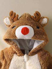 SHEIN Newborn Deer Shaped Outfit, Cute Christmas Deer Horn Plush Long Sleeve Jumpsuit Fall Winter