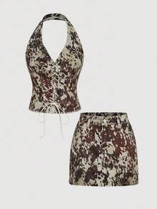 SHEIN MOD Ensemble top court et mini-jupe en jean avec œillets métalliques et lacets pour femmes - Tabac - Voir 1