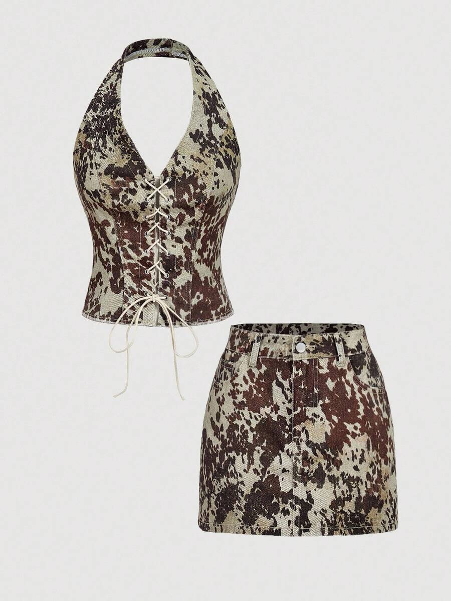 SHEIN MOD Ensemble top court et mini-jupe en jean avec œillets métalliques et lacets pour femmes - Tabac - Voir 1