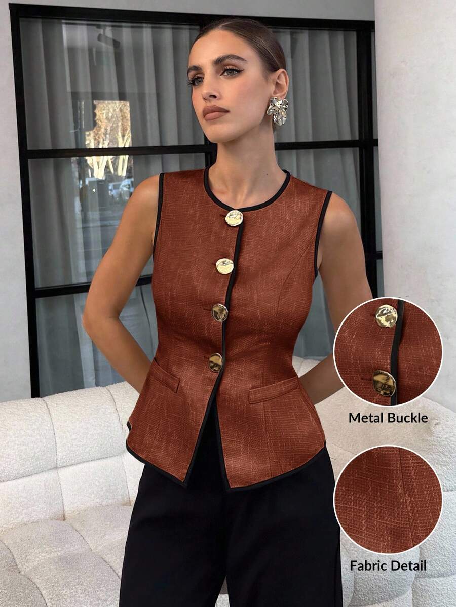 Lavishia Women's Sleeveless Vest With Metal Button Closure, Suitable For Commuting - Coffee Brown - View 1